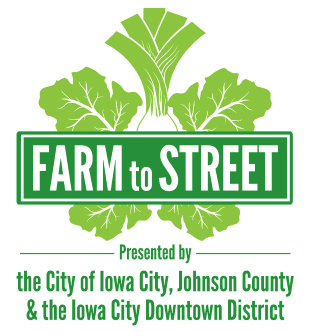 Farm to Street logo, green street sign with a leek and lettuce decorated design