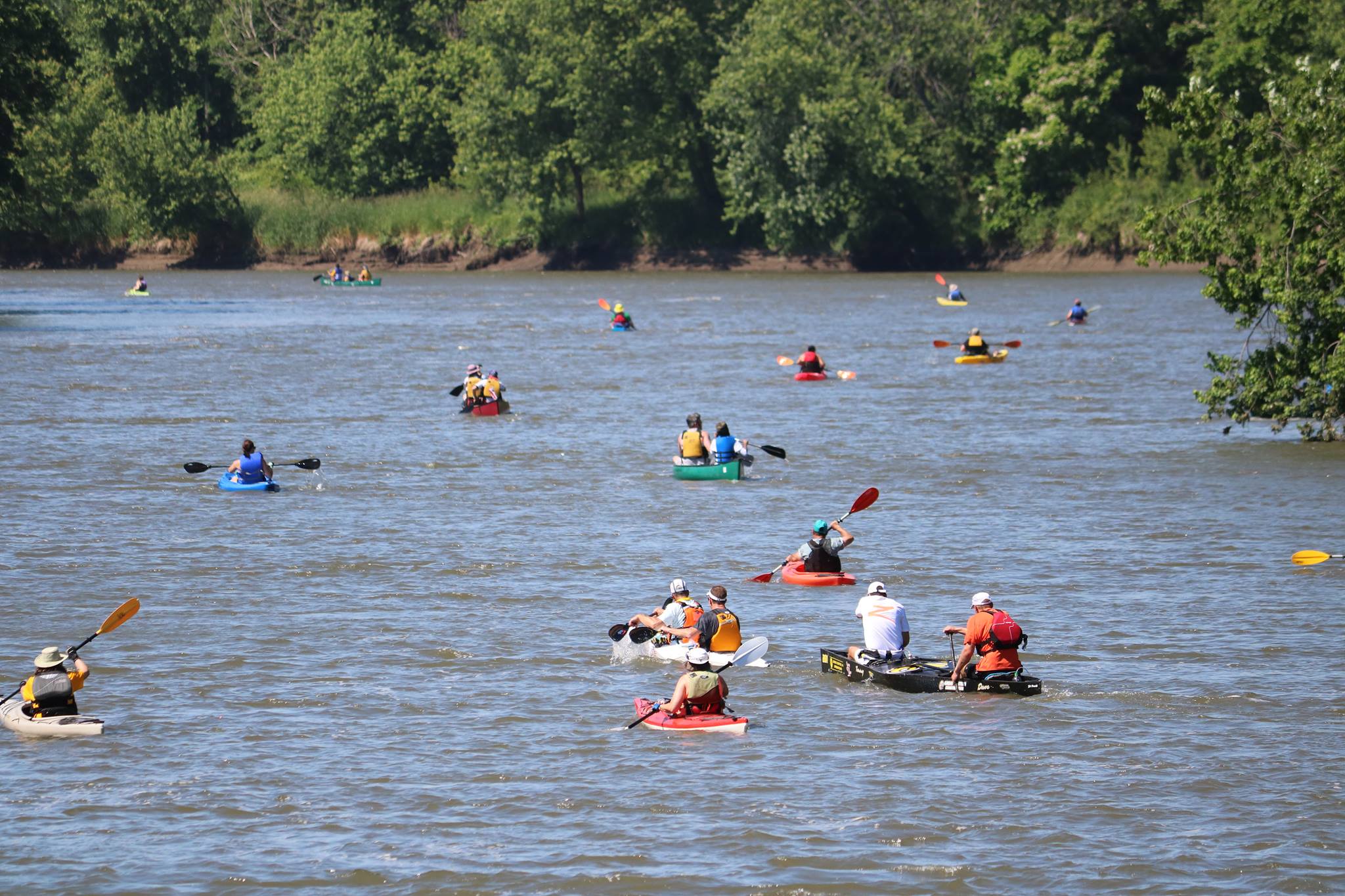 Numerous canoes and kayakers are spaced out on a section of river, all competing in the Great Iowa River Race.