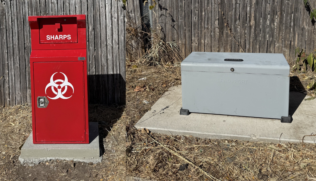 image of sharps box and harm reduction lockbox