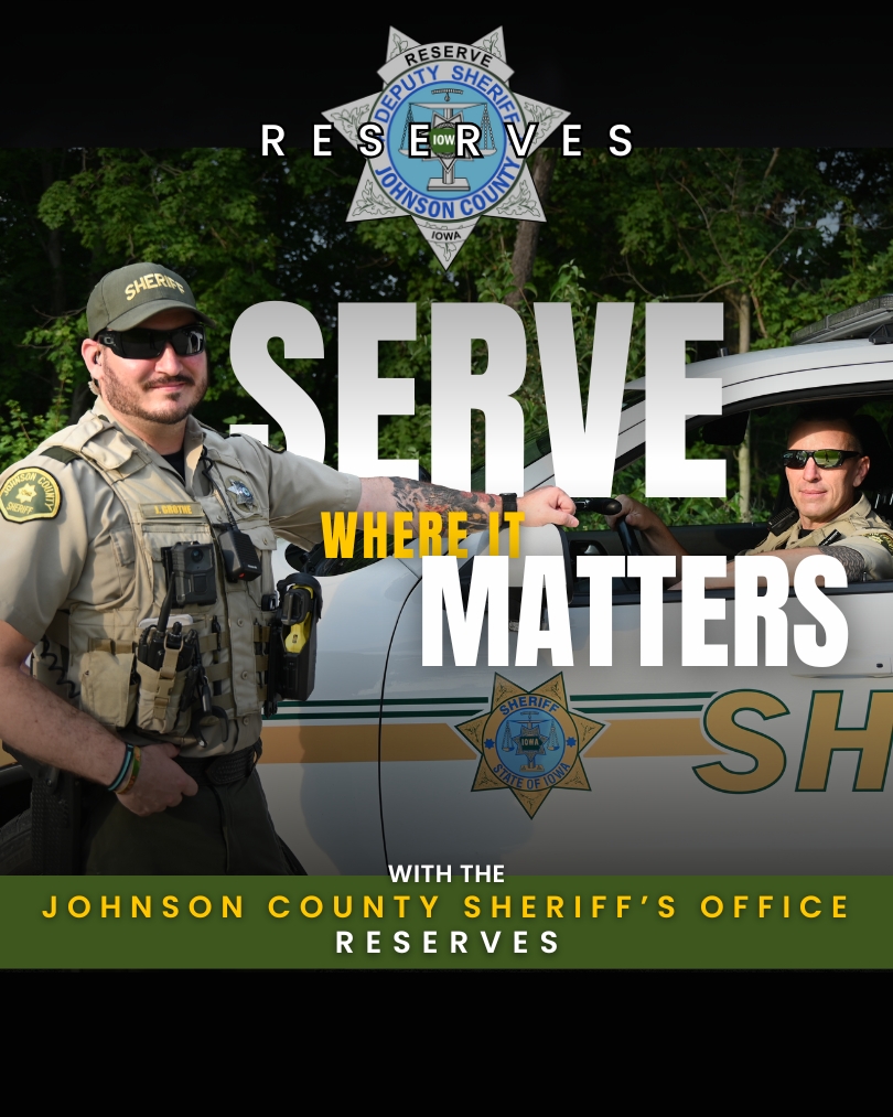 2 JCSO reserve deputies stand with a patrol vehicle. Serve where it matters with the Johnson County Sheriff's Office Reserves.