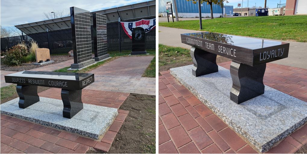 photo of new bench at the Armory and Veterans Memorial