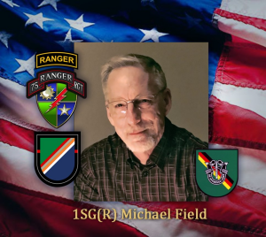 Michael Fields' picture in front of the American flag with his Army Ranger patches around it with his name and rank on the bottom of the poster