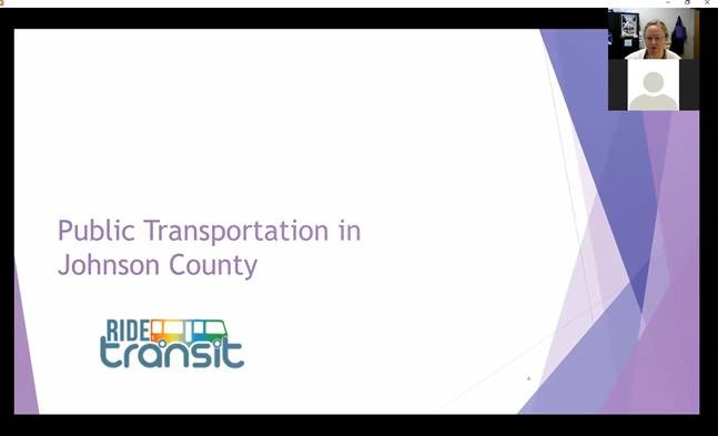 This image contains a photo from the How to Ride the Bus Training recording.  The text on the image reads “Public Transit in Johnson County”