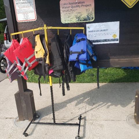 Life jacket loaner station at F.W. Kent Park Boat Ramp area.