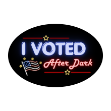 "I Voted After Dark" sticker featuring glowing letters and an American flag.
